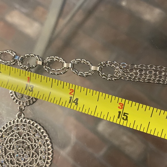 WHBM - silver tone bib necklace w 5 large & small rhinestone discs, multi chains - Picture 6 of 16